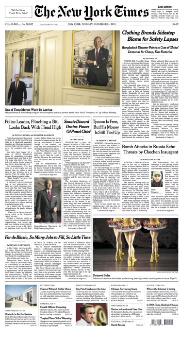 Front Page of the New York Times 12-30-13