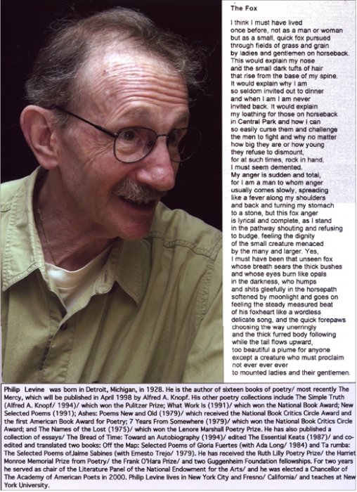 Philip Levine, photo, biography, and poem "The Fox"