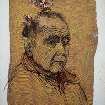Encrusted Self-Portrait on Recycled Ribbon Painting