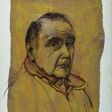 Self-Portrait on Recycled Ribbon Painting