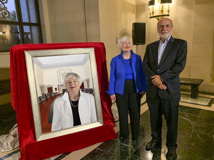Janet Yellen & Ben Bernanke at Janet's portrait dedication, October 1, 2019